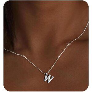 Silver Initial Pendant Necklace – Personalized Letter “W” Trendy Stuffed Bubble